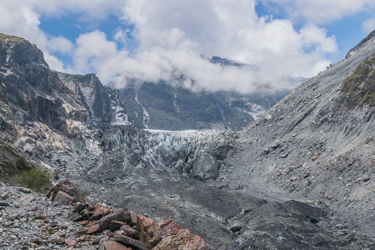 The rocky terminal face of Fox Glacier