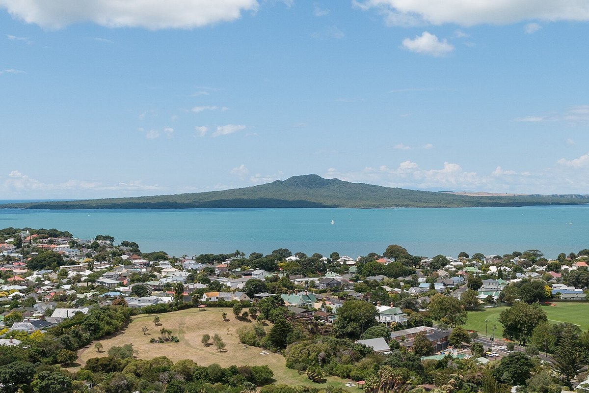 Rangitoto Island's volcanic cone across the Waitematā Harbour