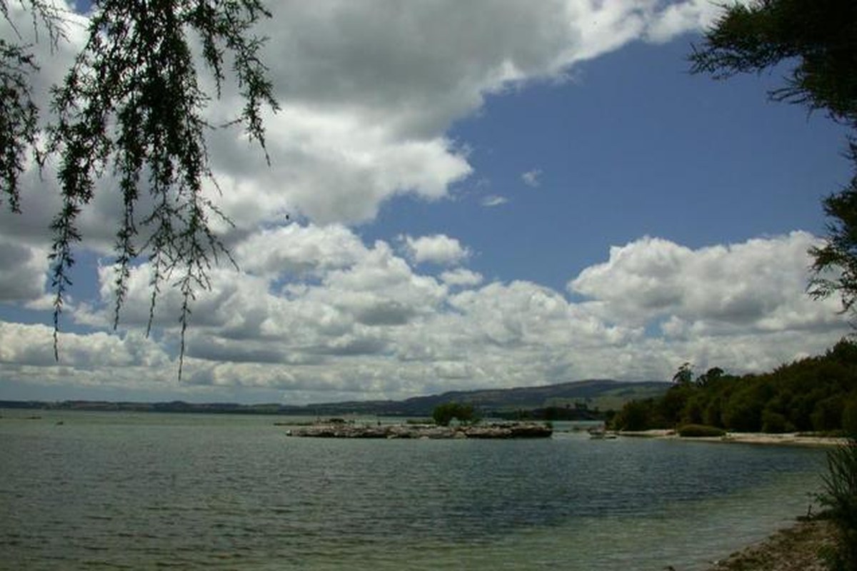 Lake Rotorua under a wide sky